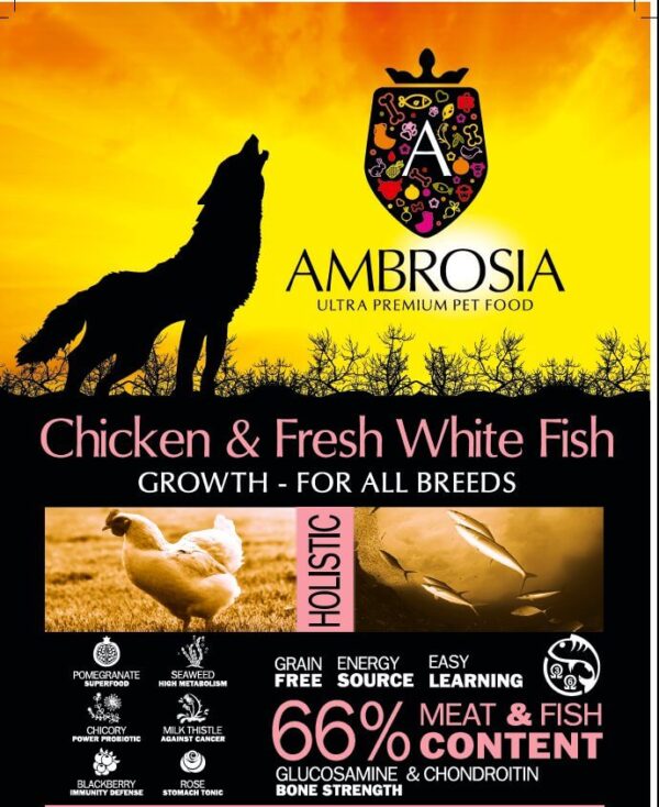אמברוסיה מיני עוף ודג לבן לגורי כלבים 6 ק"ג